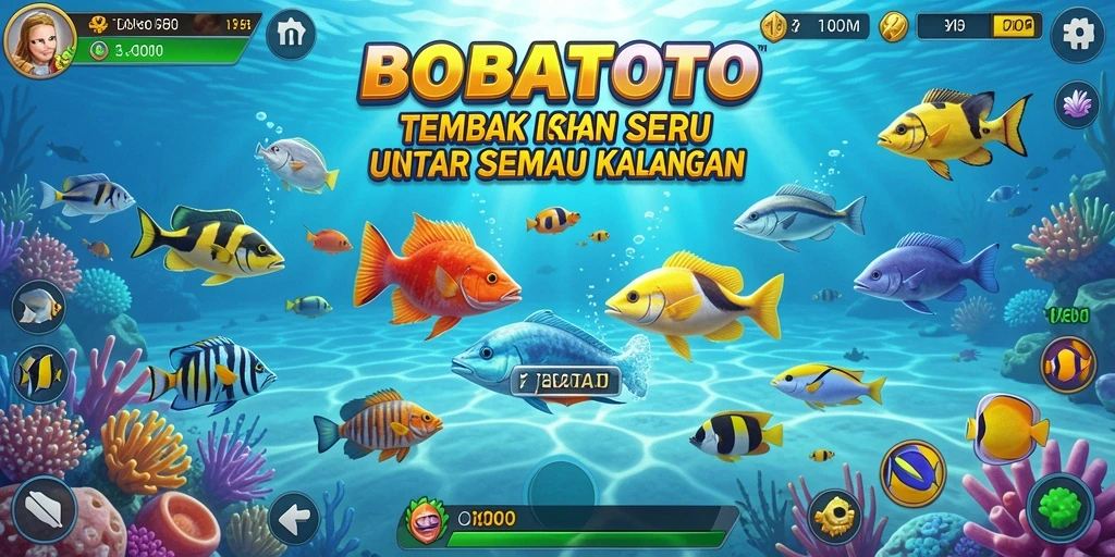 Tampilan gameplay seru dalam BOBATOTO saat menembak ikan.
