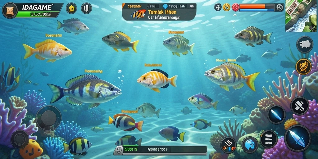 Tampilan gameplay <strong>IDAGAME</strong> saat memancing ikan berwarna-warni.
