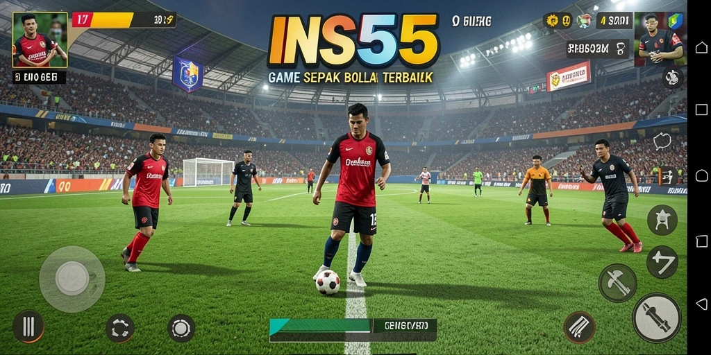 Screenshot gameplay INS55 menunjukkan aksi sepak bola yang mendebarkan.