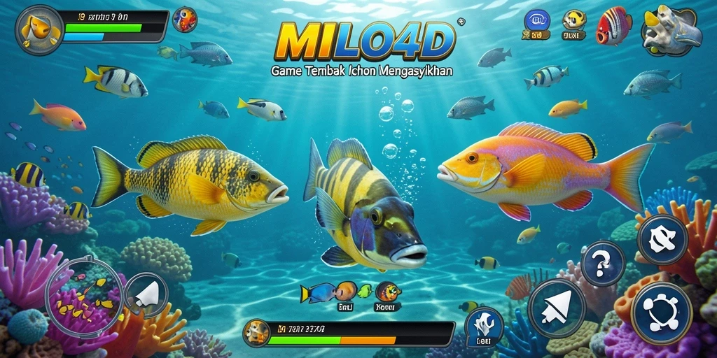 Tampilan gameplay seru dalam MILO4D, menembak ikan dengan senjata beragam.