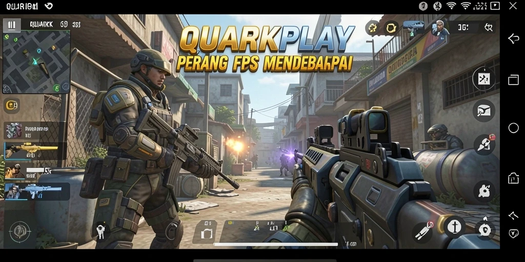 Tampilan gameplay intens dari QUARKPLAY yang menampilkan aksi menembak.