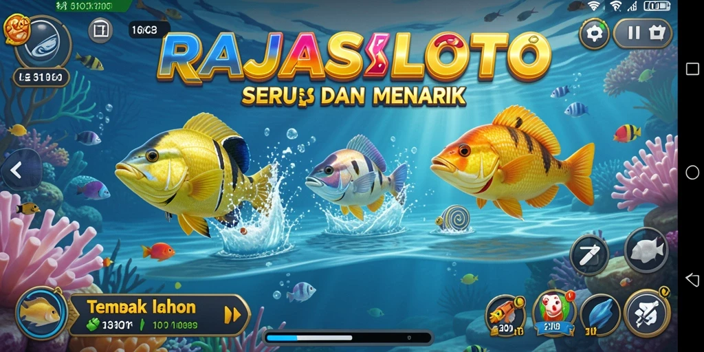 Screenshot gameplay RAJASLOTO menunjukkan aksi seru menangkap ikan.
