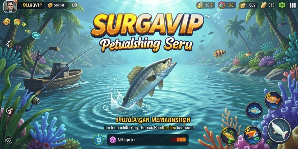 Tampilan gameplay SURGAVIP yang mendebarkan saat memancing di laut.