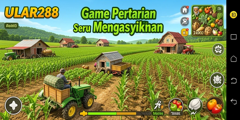 Tampilan gameplay ULAR288 yang menampilkan kebun yang subur dan tanaman yang beragam.